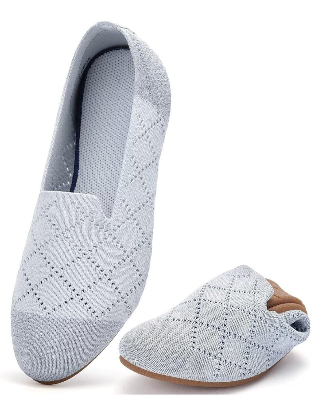 Women's Grey Sparkly Ballet Flat Knit Round Toe Textile Slip On Walking Shoes